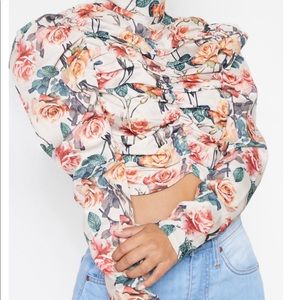 Cream Floral Ruched Crop Blouse